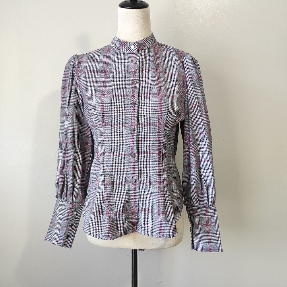 MAP Victorian style grey plaid button down blouse